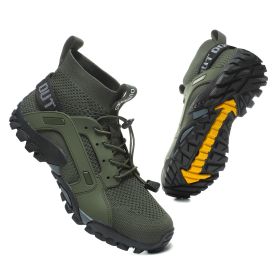 Spring Autumn Outdoor Mesh Fly Woven Sport Hiking Shoes Men Big Child Fashion Breathable High-top Climbing Walking Elastic Laces (Color: Army Green)