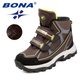 BONA 2022 New Designers Winter Snow Warm Boots Children Plush High Top Hiking Shoes Boys Sneaker Rubber Anti-Slip Footwear Girls (Color: Dark brown F green)