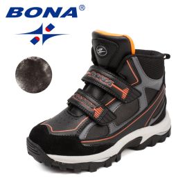 BONA 2022 New Designers Winter Snow Warm Boots Children Plush High Top Hiking Shoes Boys Sneaker Rubber Anti-Slip Footwear Girls (Color: Black F orange)