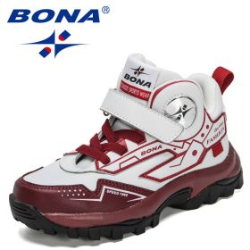 BONA 2021 New Designers Trendy Hiking Sport Shoes Children High Top Teenagers Mountain Climbing Trekking Shoes Child Winter Boot (Color: White dark red)