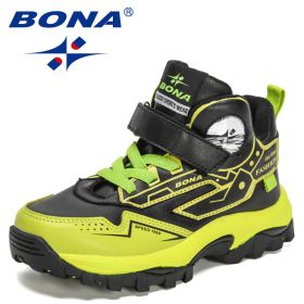 BONA 2021 New Designers Trendy Hiking Sport Shoes Children High Top Teenagers Mountain Climbing Trekking Shoes Child Winter Boot (Color: Black lemoncolored)