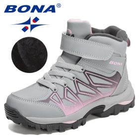 BONA 2021 New Designers Plush Hiking Shoes Children High Top Casual Sneakers Boys Non-slip Trekking Climbing Boots Girls Comfort (Color: L gray D grey pink)