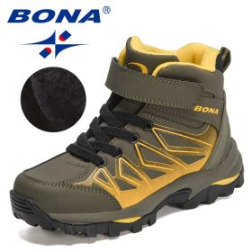 BONA 2021 New Designers Plush Hiking Shoes Children High Top Casual Sneakers Boys Non-slip Trekking Climbing Boots Girls Comfort (Color: Army green yellow)