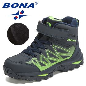 BONA 2021 New Designers Plush Hiking Shoes Children High Top Casual Sneakers Boys Non-slip Trekking Climbing Boots Girls Comfort (Color: Deep blue F green)