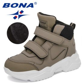 BONA 2022 New Designers Classics Hiking Shoes Kids Plush Sneakers Boys Girls Ankle Shoes Children Winter Boots Breathable Child (Color: Medium grey black)