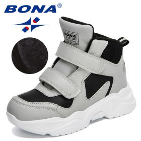 BONA 2022 New Designers Classics Hiking Shoes Kids Plush Sneakers Boys Girls Ankle Shoes Children Winter Boots Breathable Child (Color: Light gray black)