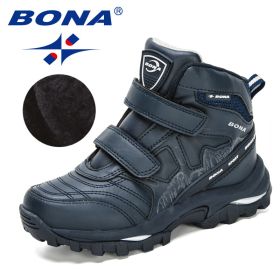 BONA 2020 New Designers High Top Winter Footwear Children Snow Skiing Hiking Fashion School Wearing Shoes Kids Plush Warm Boots (Color: Deep blue S gray)