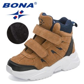 BONA 2022 New Designers High Top Snow Boots Warm Plush Lining Walking Shoes Child Comfortable Anti-Slip Hiking Shoes Children (Color: Light brown black)