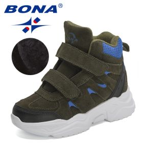 BONA 2022 New Designers High Top Snow Boots Warm Plush Lining Walking Shoes Child Comfortable Anti-Slip Hiking Shoes Children (Color: Army green S gray)