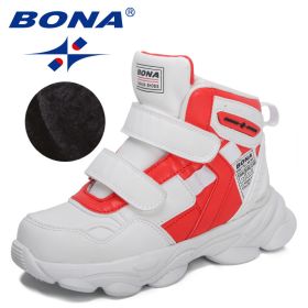 BONA 2022 New Designers Trendy Boots Winter Snow Boots Children Sport Hiking Shoes Boys Girls High Top Sneakers Plush Footwear (Color: White red)