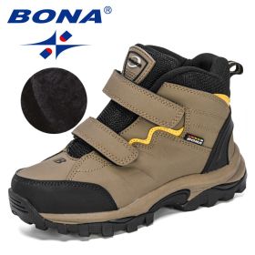 BONA 2020 New Designers Outdoor Hiking Boots Kids Leather Mountain Boots Children Climbing Sport Snow Shoes Boys Plush Warm (Color: Medium grey black)