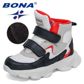 BONA 2022 New Designers High Top Winter Hiking Shoes Children Warm Sports Shoes Boys Non-slip Outdoor Plush Ankle Boots Girls (Color: White deep blue red)