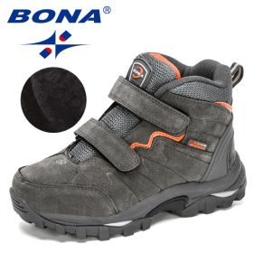 BONA 2020 New Designers Outdoor Hiking Boots Kids Leather Mountain Boots Children Climbing Sport Snow Shoes Boys Plush Warm (Color: Dark grey orange)