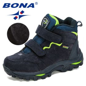 BONA 2020 New Designers Outdoor Hiking Boots Kids Leather Mountain Boots Children Climbing Sport Snow Shoes Boys Plush Warm (Color: Deep blue F green)