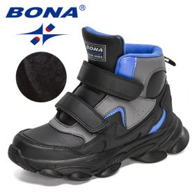 BONA 2022 New Designers High Top Winter Hiking Shoes Children Warm Sports Shoes Boys Non-slip Outdoor Plush Ankle Boots Girls (Color: Black royal blue)