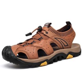 Plus Size Men Shoes Leather Stitching Sock Mouth Mens Sandals Summer Soft Non-slip Gladiator Sandals Men Hiking Beach Sandals (Color: Auburn)