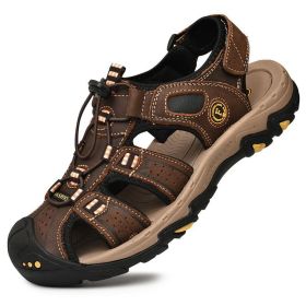 Summer Men Casual Beach Outdoor Water Shoes Breathable Trekking Sandals Hiking Climbing Fishing Genuine Leather Leisure Sandals (Color: Dark brown)