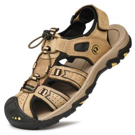 Summer Men Casual Beach Outdoor Water Shoes Breathable Trekking Sandals Hiking Climbing Fishing Genuine Leather Leisure Sandals (Color: Light brown)