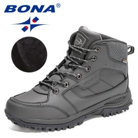 BONA 2022 New Designers Casual Winter Outdoor Snow Shoes Men Fashion Action Leather Plush Warm Boots Man High Top Hiking Shoes (Color: Dark grey S gray)