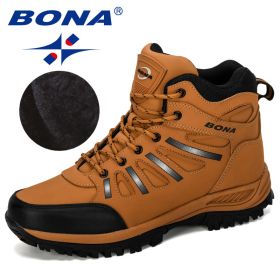 BONA New Designers Popular Trekking Shoes Men Leather Climbing Sport Sneakers Man Zapatillas Outdoor Hombre Hiking Shoes (Color: Earth yellow)