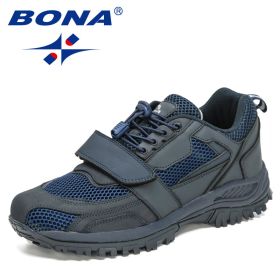 BONA 2022 New Designers Hiking Shoes Autumn Mountaineering Non-slip Footwear Men Trekking Sneakers Mansculino Walking Shoes (Color: Deep blue S gray)