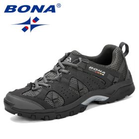 BONA Men Hiking Shoes Lace Up Men Sport Shoes Outdoor Jogging Trekking Sneakers Non-Slip Wear-Resistant Travel Shoes Comfortable (Color: Dark grey S gray)