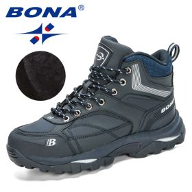 BONA 2022 New Designers Nubuck Hiking Boots Men Winter Shoes Walking Climbing Mountain Sport Boots Man Plush Warm Snow Footwear (Color: Deep blue S gray)