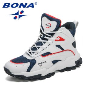 BONA 2022 New Designers Outdoor Mountain Desert Climbing Shoes Men Ankle Hiking Boots Man High Top Winter Boots Mansculino Comfy (Color: White deep blue)