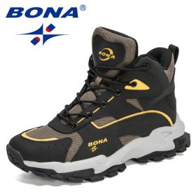 BONA 2022 New Designers Outdoor Mountain Desert Climbing Shoes Men Ankle Hiking Boots Man High Top Winter Boots Mansculino Comfy (Color: Medium grey black)