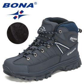 BONA 2022 New Designers Classics Winter Snow Boots Men Action Leather Super Warm Ankle Boots Man Hiking Boots Plush Shoes Male (Color: Deep blue S gray)