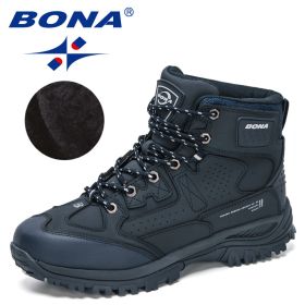 BONA 2022 New Designers Nubuck Hiking Shoes Men Non-Slip Outdoor Wear-Resistant Trekking Footwear Man High Top Plush Snow Boots (Color: Deep blue S gray)