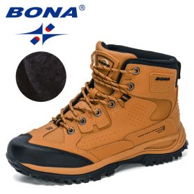 BONA 2022 New Designers Nubuck Hiking Shoes Men Non-Slip Outdoor Wear-Resistant Trekking Footwear Man High Top Plush Snow Boots (Color: Earth yellow black)