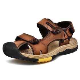 New Fashion Breathable Men Sandals Genuine Leather Summer Beach Shoes Men Slippers Causal Shoes Hiking Sandals Plus Size 38-46 (Color: Auburn)